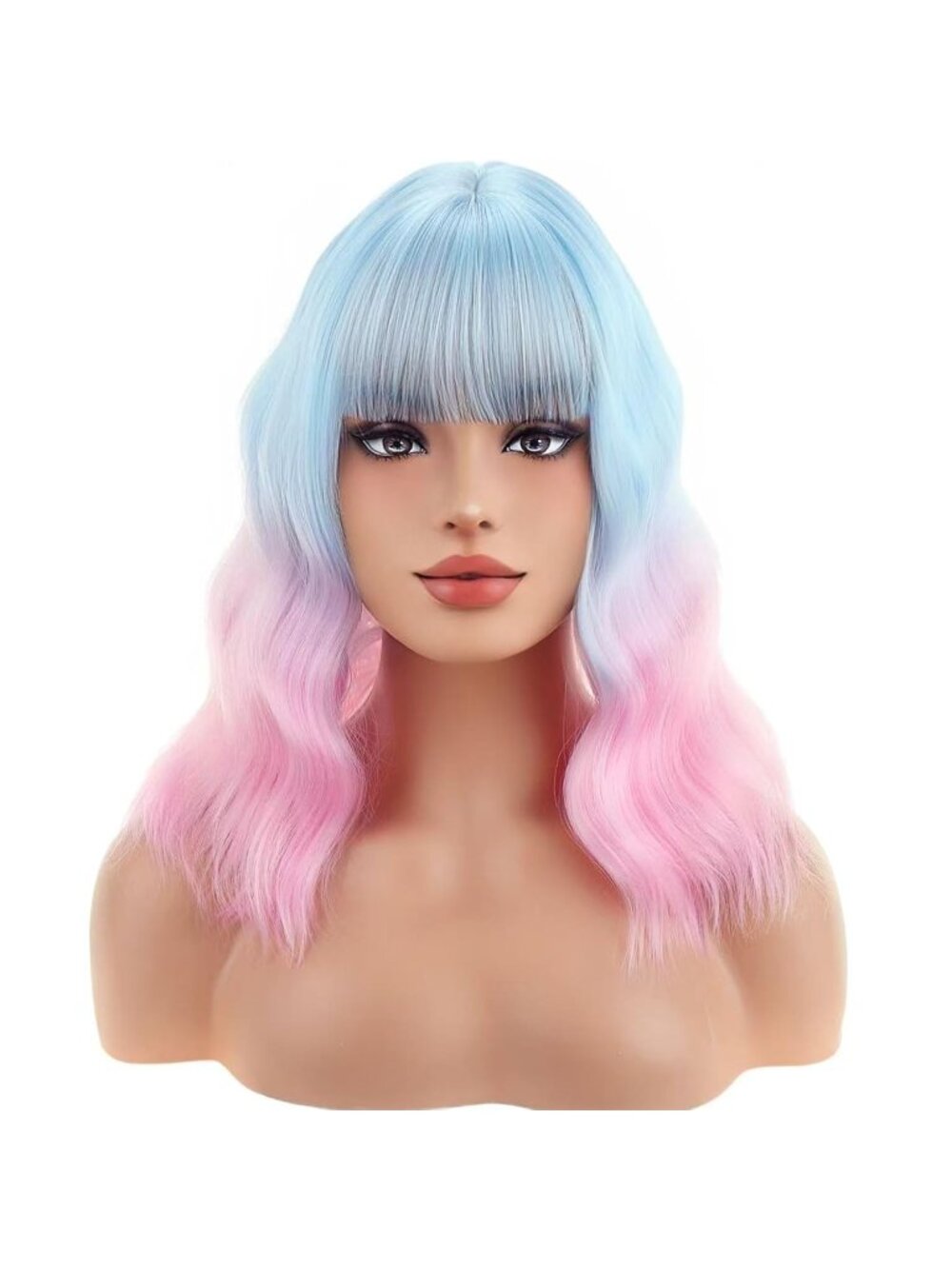 Women's Blue Ombre Pink Wavy Bangs Short Heat Resistant Cosplay Synthetic Wig